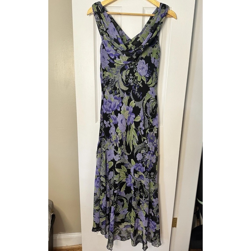 Vintage Y2K  Whimsical Fairy Dress Floral Midi Beaded Asymmetrical Cowl Medium‎